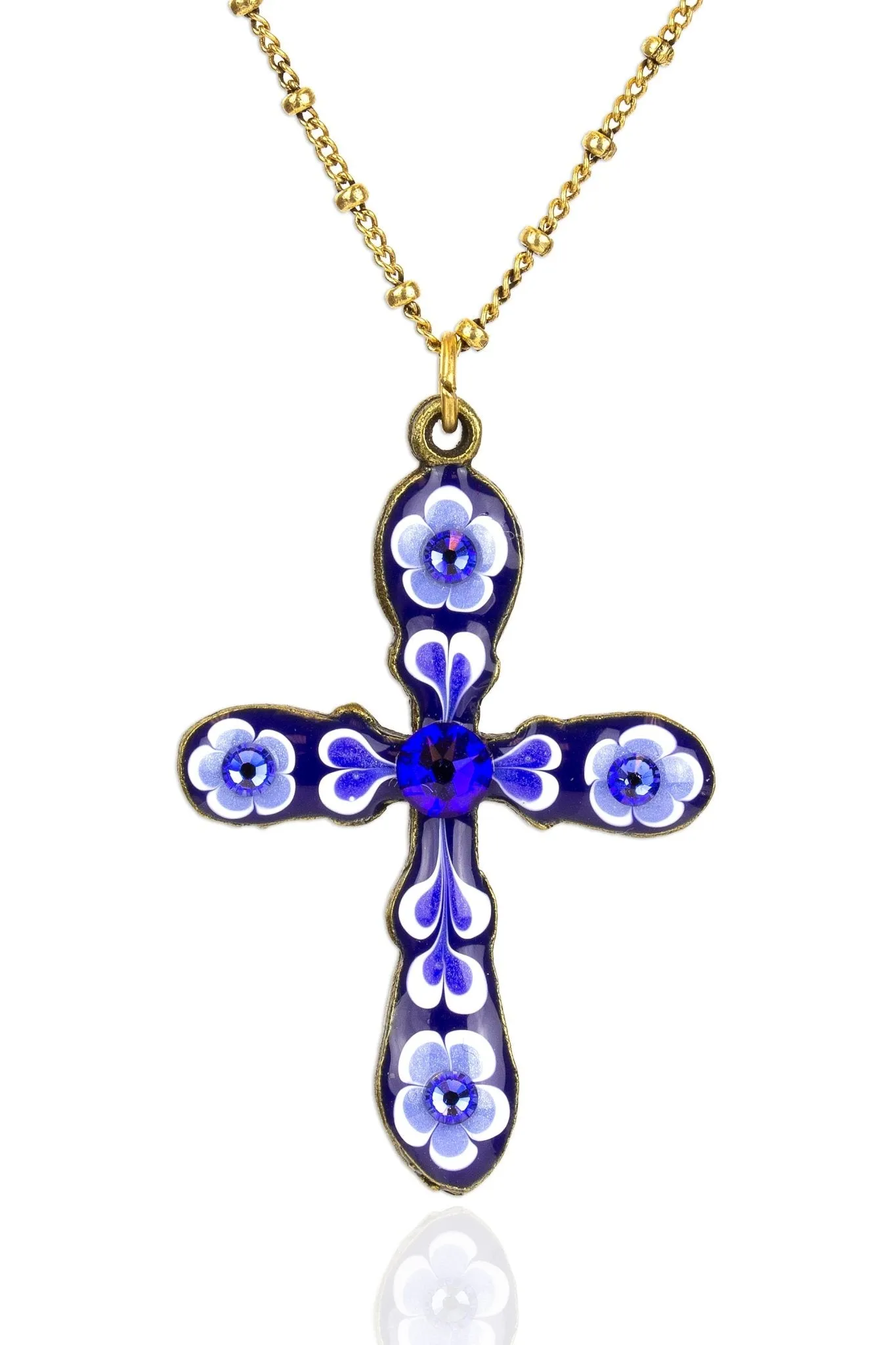 Blue & White Enamel Garden Cross Pendant Necklace