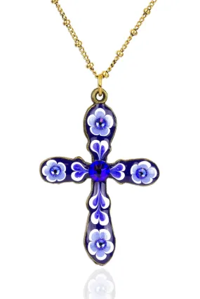Blue & White Enamel Garden Cross Pendant Necklace