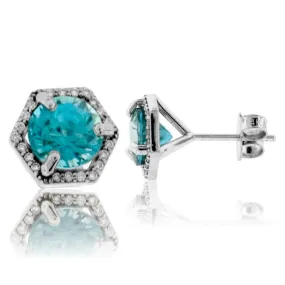 Blue Zircon Earrings with Diamond Halo