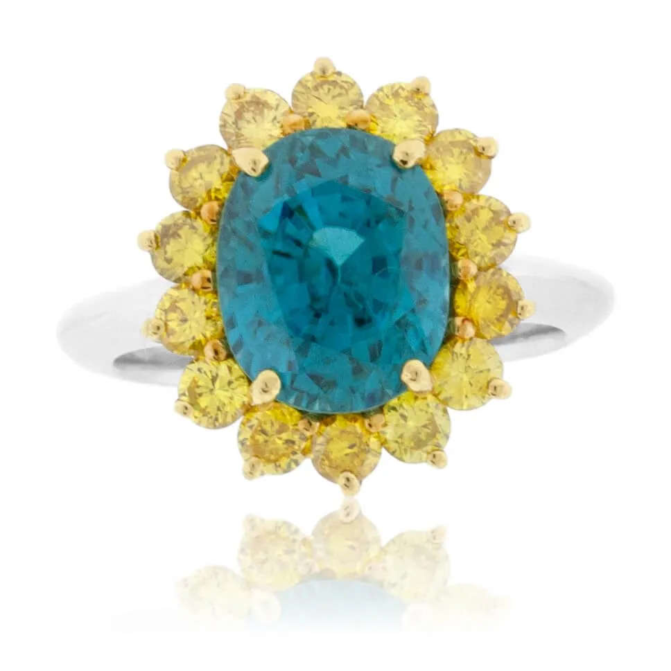 Blue Zircon Halo and Yellow Diamond Halo Style Ring