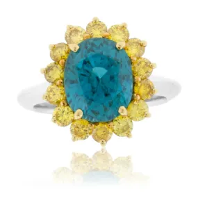 Blue Zircon Halo and Yellow Diamond Halo Style Ring