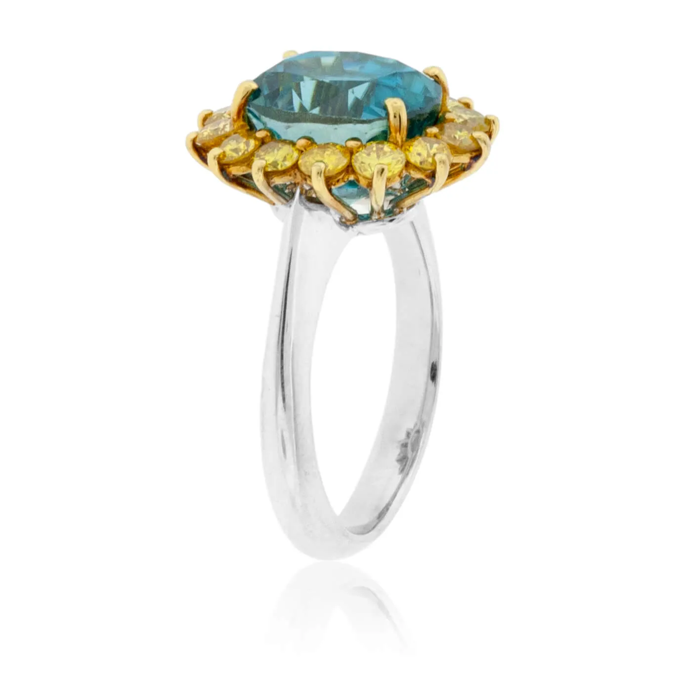 Blue Zircon Halo and Yellow Diamond Halo Style Ring