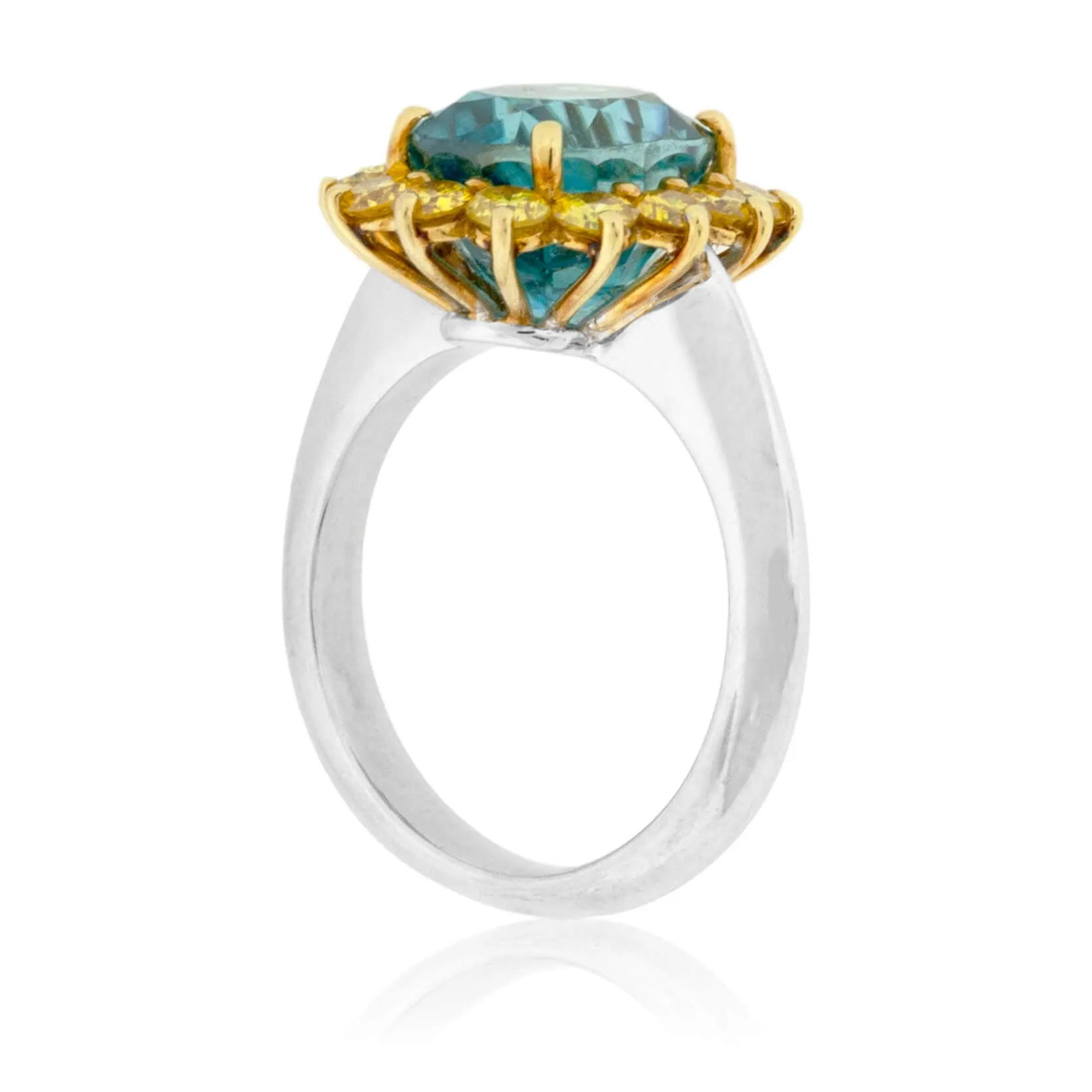Blue Zircon Halo and Yellow Diamond Halo Style Ring