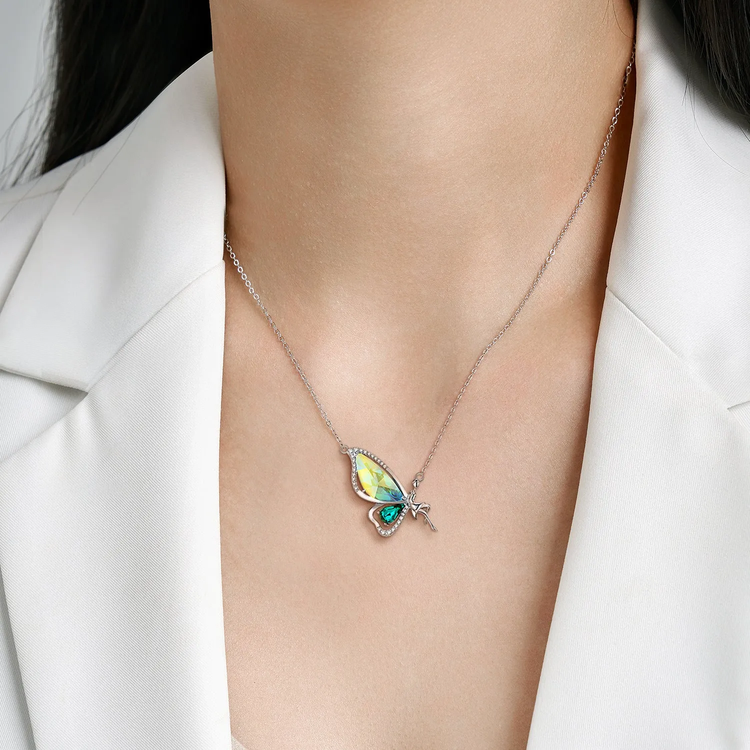 Butterfly Elf Green Zircon Silver Necklace