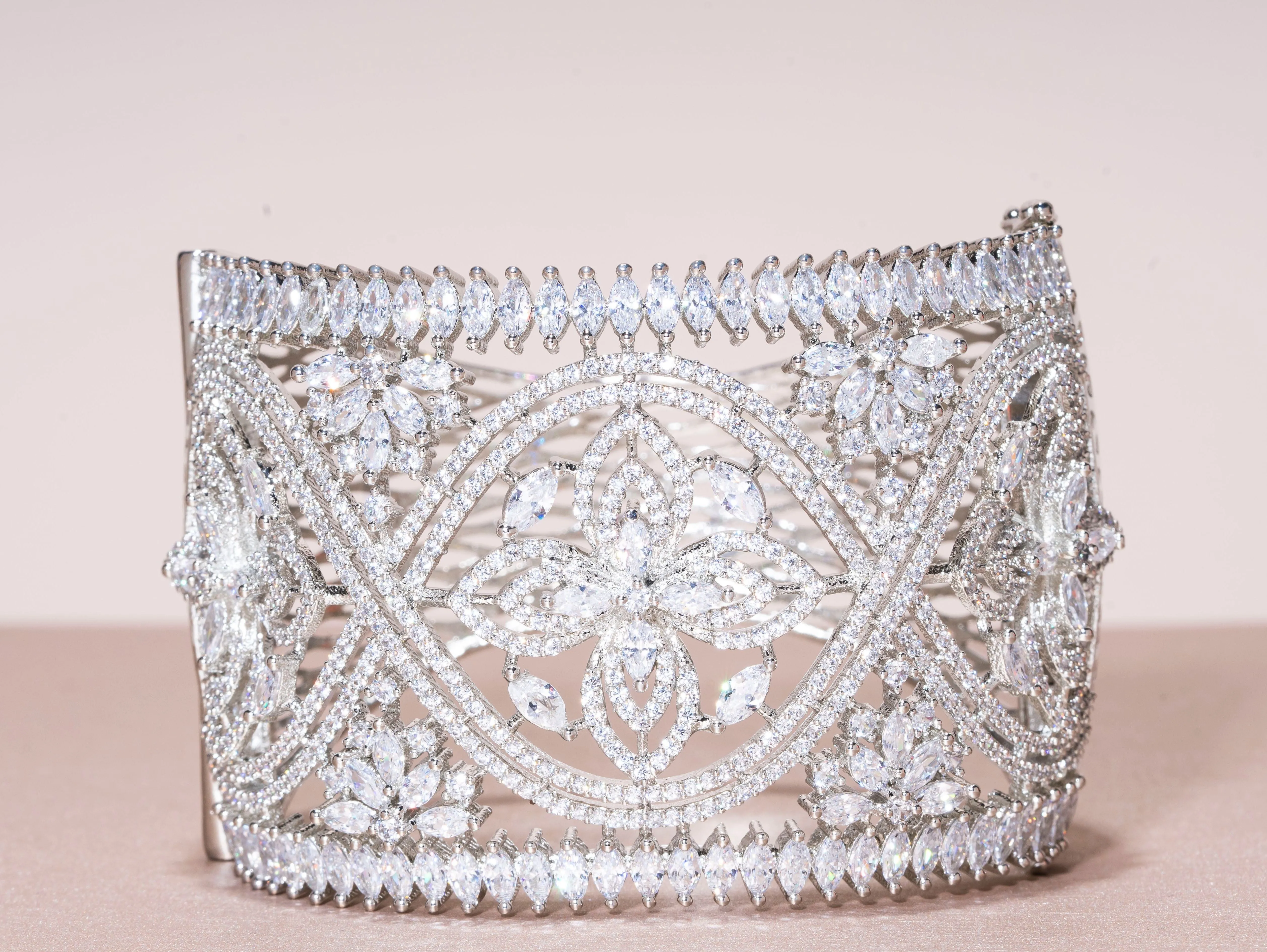 Caprice Statement Cuff Bracelet White Gold By Jaipur Rose Designer Indian Jewelry