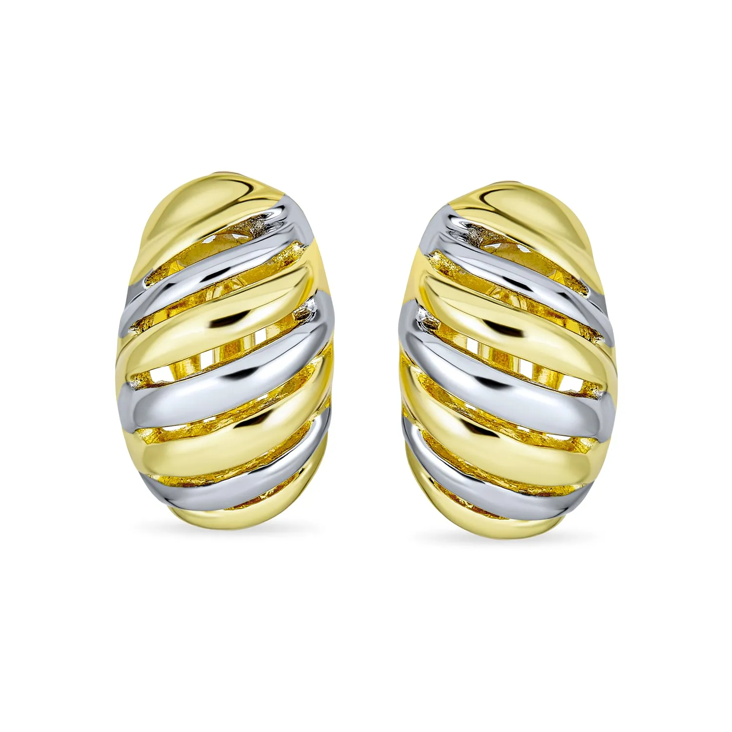 Classic Geometric Stripe Shrimp Dome Clip-on Earrings 2 Tone Gold Silver