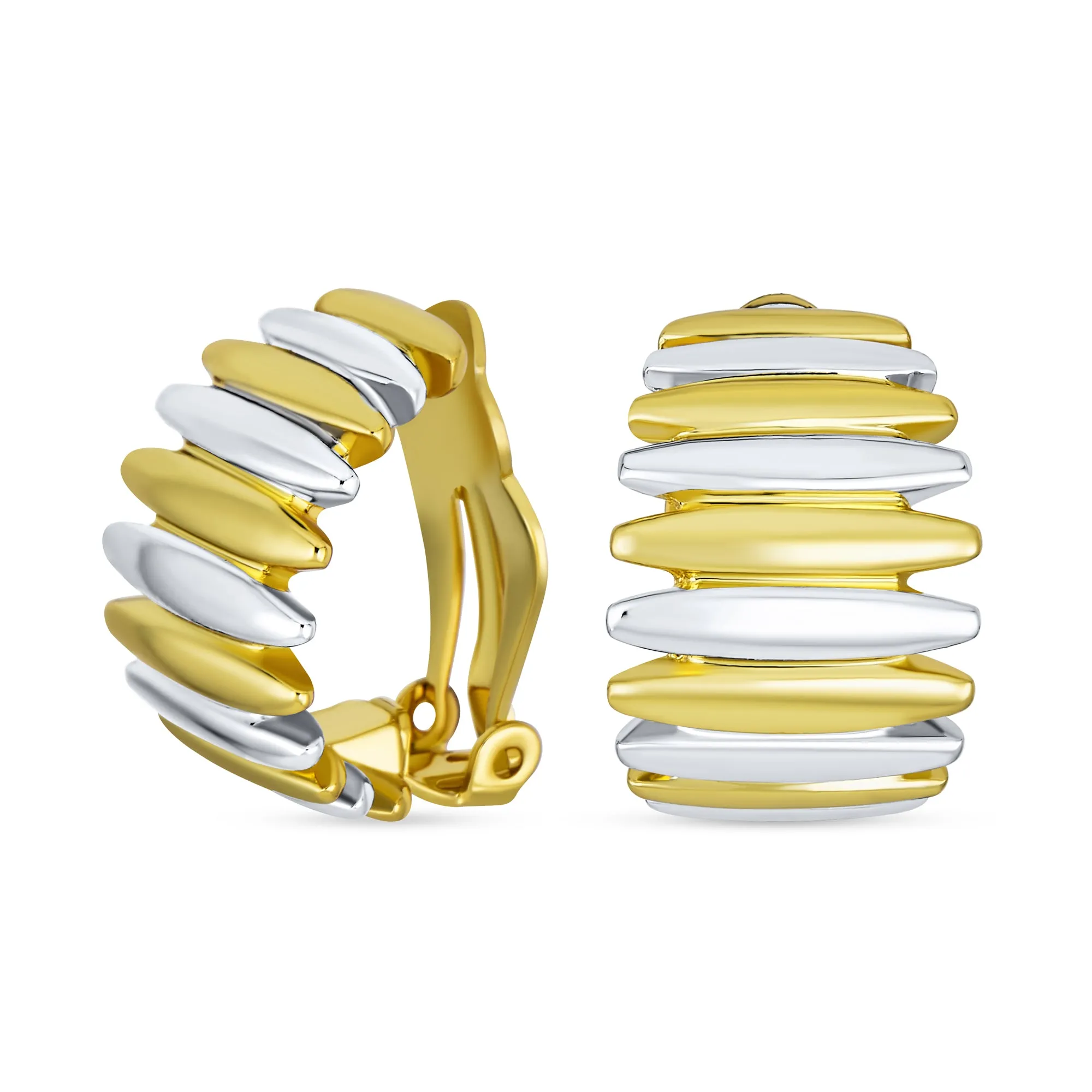 Classic Geometric Stripe Shrimp Dome Clip-on Earrings 2 Tone Gold Silver
