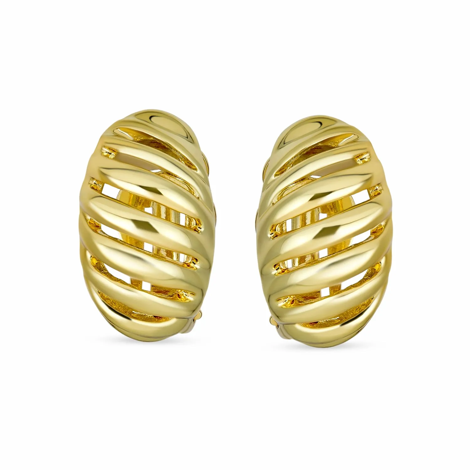 Classic Geometric Stripe Shrimp Dome Clip-on Earrings 2 Tone Gold Silver