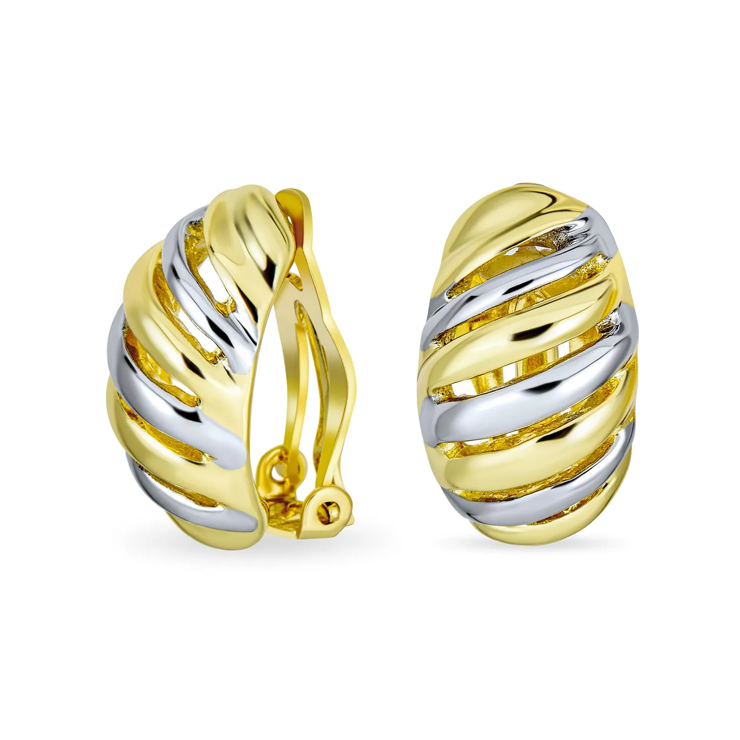 Classic Geometric Stripe Shrimp Dome Clip-on Earrings 2 Tone Gold Silver