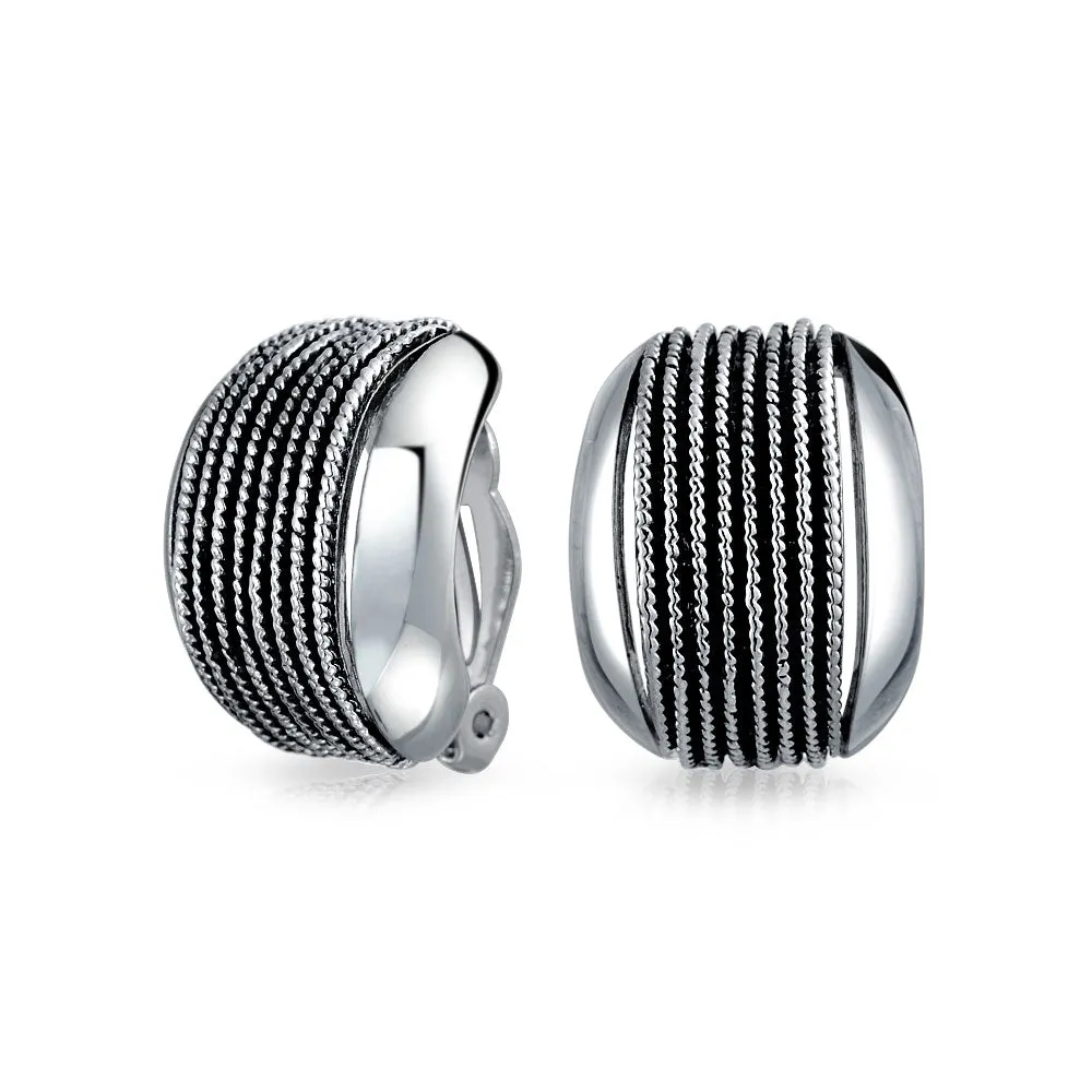 Classic Geometric Stripe Shrimp Dome Clip-on Earrings 2 Tone Gold Silver