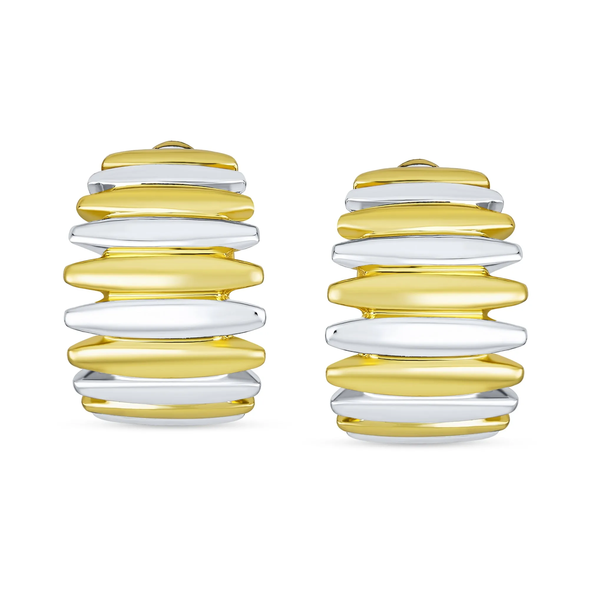 Classic Geometric Stripe Shrimp Dome Clip-on Earrings 2 Tone Gold Silver