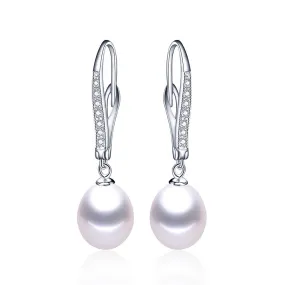 Classic Pearl Earrings,Genuine natural freshwater pearl dangle earrings for women, silver drop earrings 8-9mm