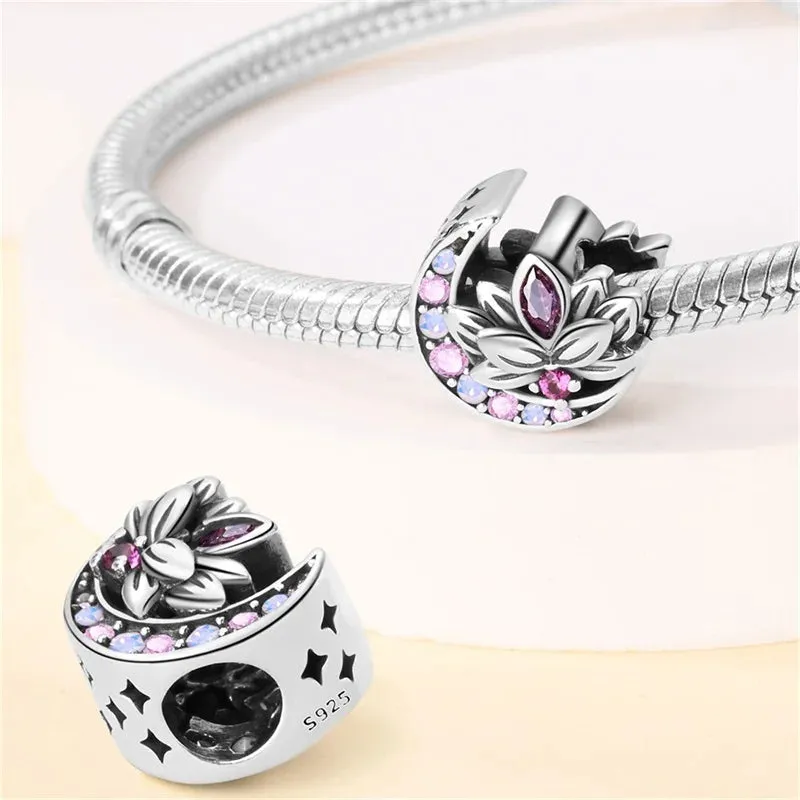 Colored Zircon Moon Lotus Charm Bead Fits Pandora Bracelet