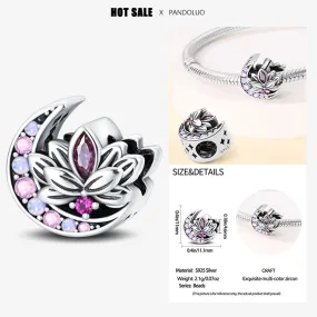 Colored Zircon Moon Lotus Charm Bead Fits Pandora Bracelet