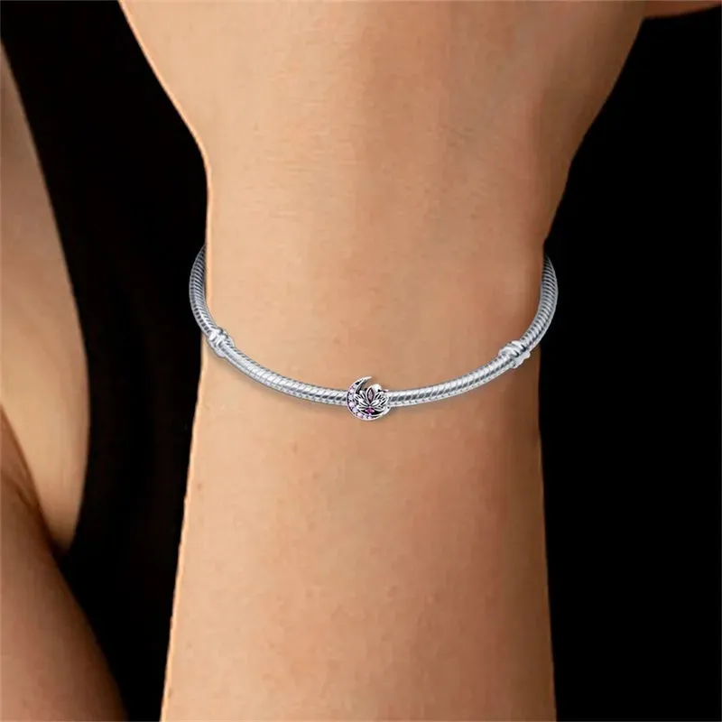 Colored Zircon Moon Lotus Charm Bead Fits Pandora Bracelet