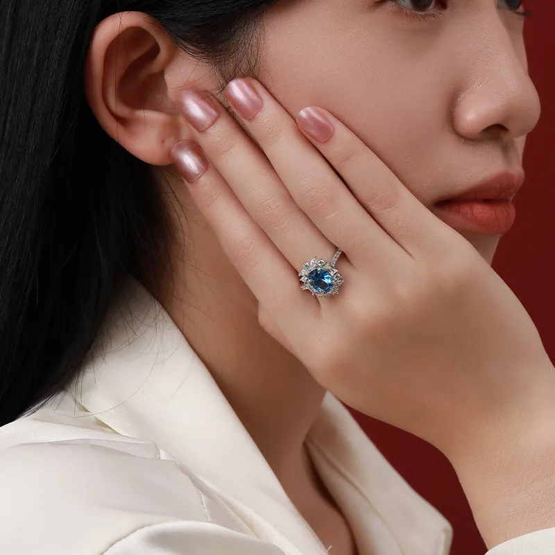 Colourful Oval Zircon Four Prongs Soleste Halo Silver Ring for Women
