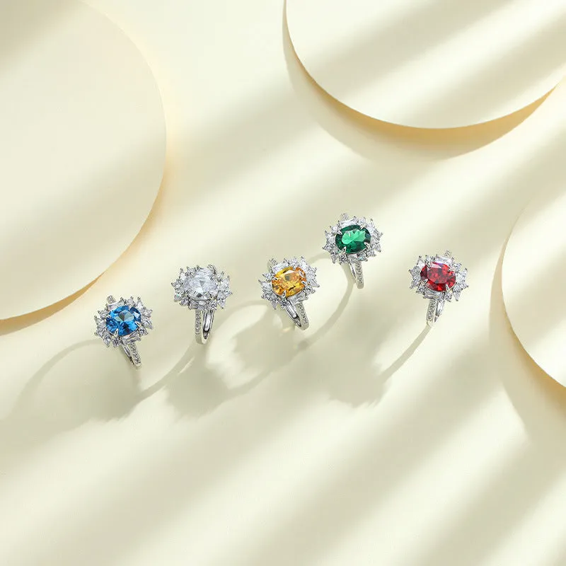 Colourful Oval Zircon Four Prongs Soleste Halo Silver Ring for Women