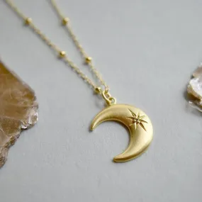 Crescent Moon Necklace with Star Set White Sapphire