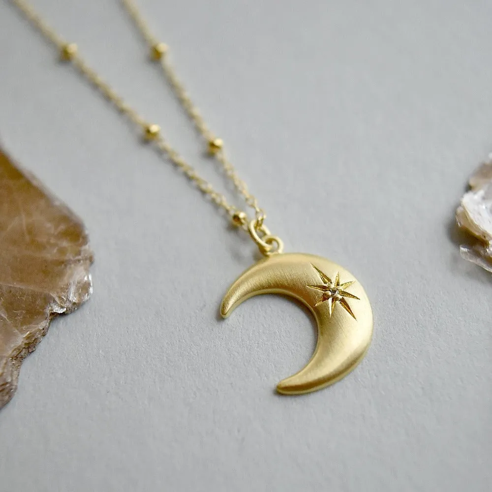 Crescent Moon Necklace with Star Set White Sapphire
