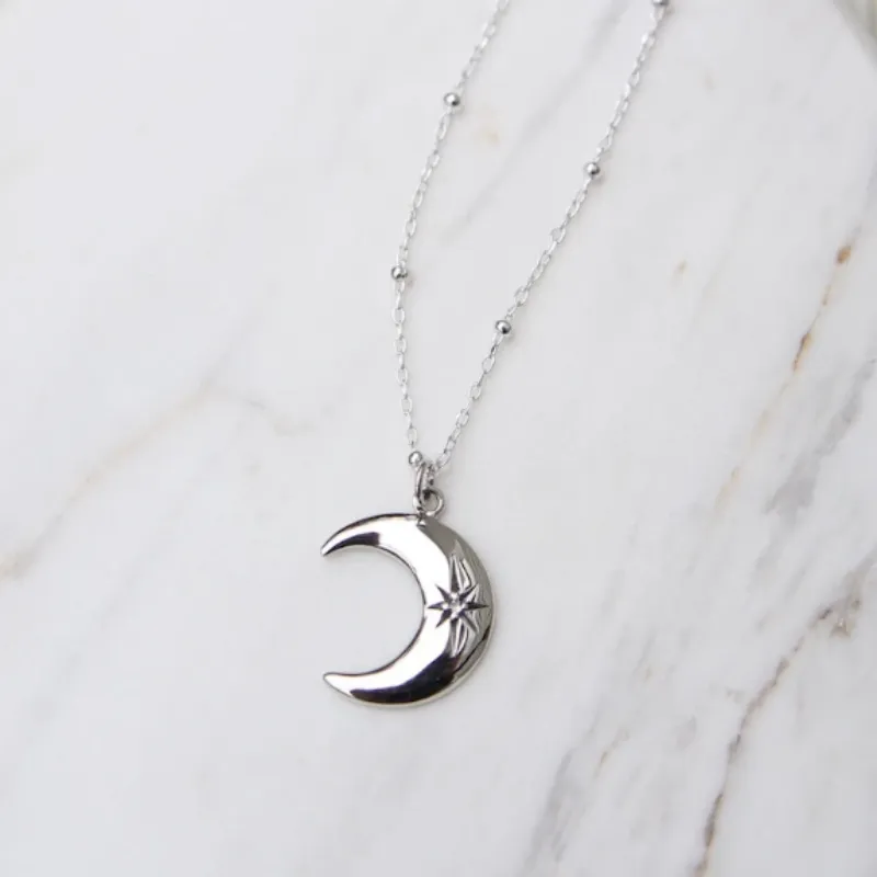 Crescent Moon Necklace with Star Set White Sapphire
