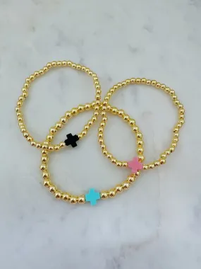 Cross Bracelet, Gold Bead Bracelet, Beaded Bracelet, Stackable Bracelet, Religious Jewelry