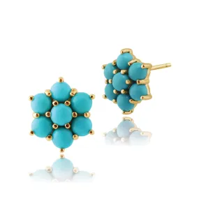 Damen 375 Gold 9ct Gelbgold Rund Türkis Cabochon Cluster Ohrstecker Türkis