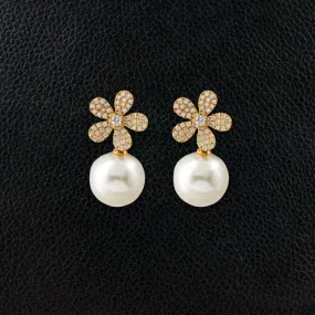 Diamond Flower Earrings with Pearl Drop