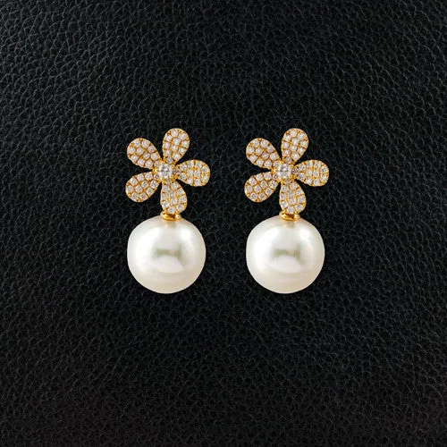 Diamond Flower Earrings with Pearl Drop