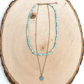 Double Layered Disc Beaded Necklace in White and Turquoise with Happy Face Sun Pendant