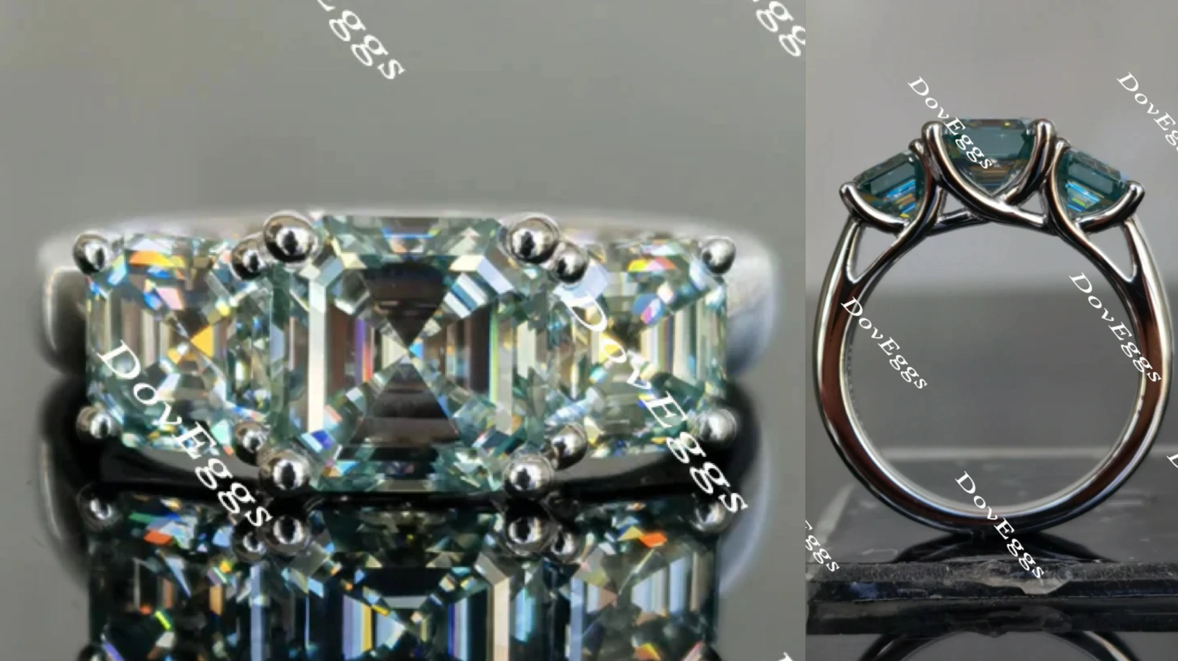 Doveggs asscher three-stone moissanite engagement ring
