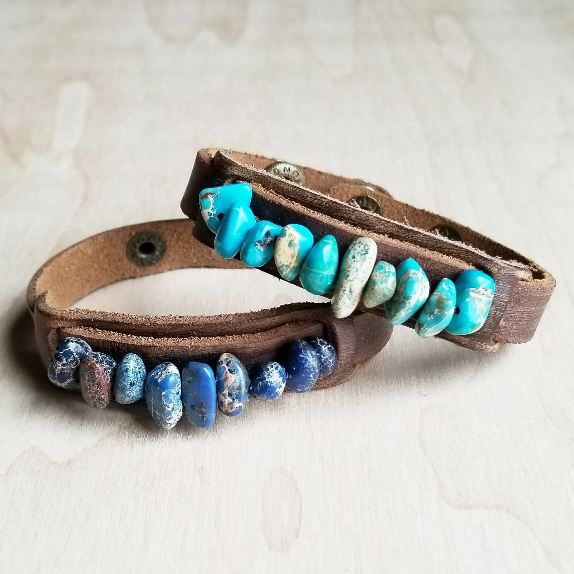 Dusty Leather Narrow Cuff with Turquoise Regalite Stones 006v