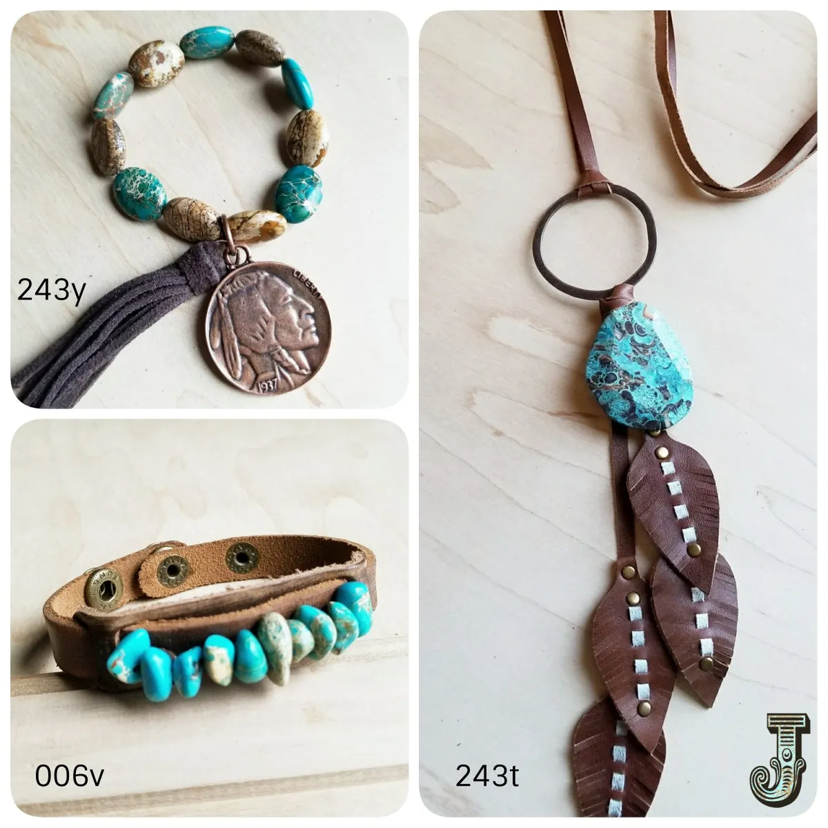 Dusty Leather Narrow Cuff with Turquoise Regalite Stones 006v