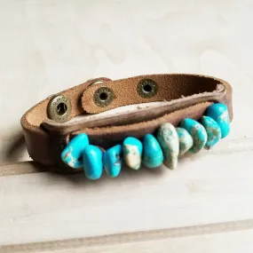 Dusty Leather Narrow Cuff with Turquoise Regalite Stones 006v