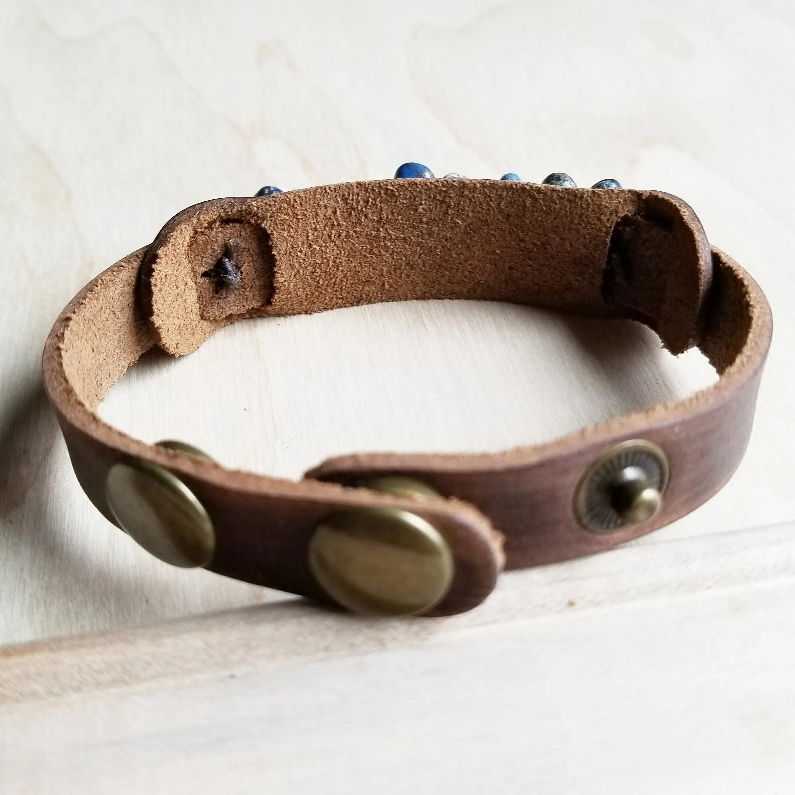 Dusty Leather Narrow Cuff with Turquoise Regalite Stones 006v