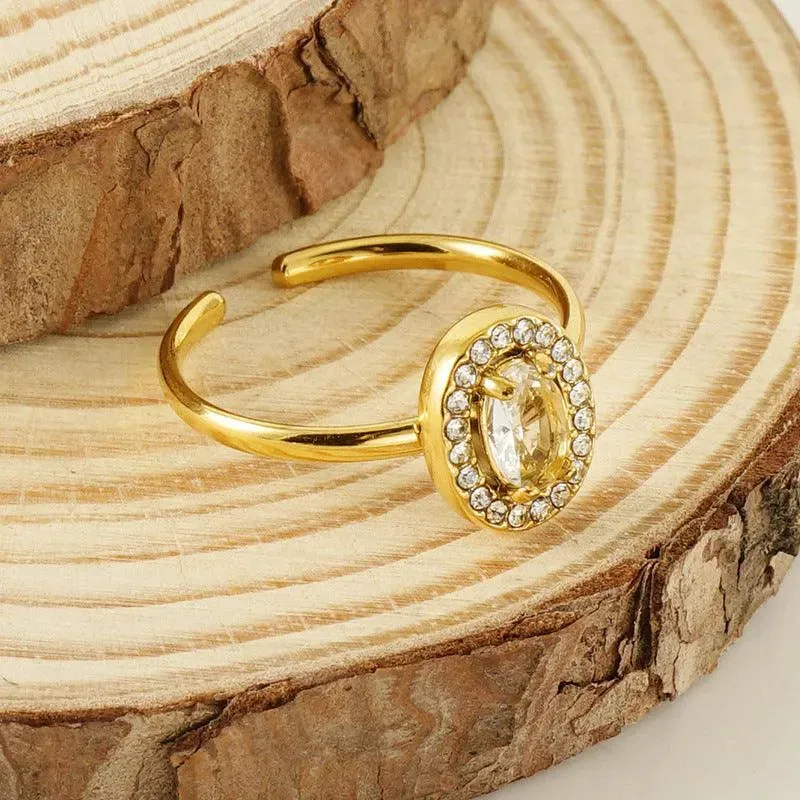 Elegant Adjustable 18K Gold Plated Ring with Oval Zircon Stone
