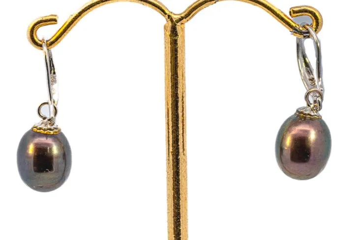 Elegant Silver Black Freshwater Pearl Drop Earrings