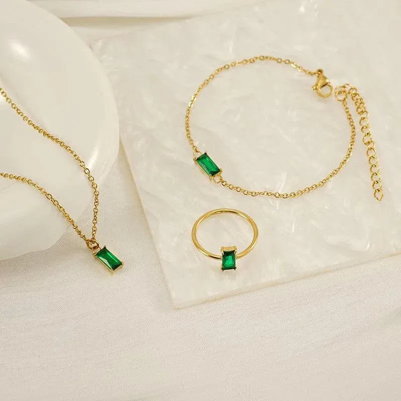 Emerald Green Zircon Pendant Necklace – 14K Gold Plated with Adjustable Chain