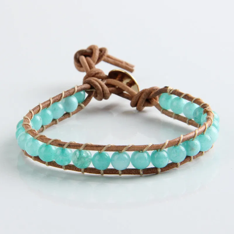 Fashion 6mm Agate Bead Wrap Bracelet for Women and Men Design Handmade Wrap Weave Leather Bracelet Lady Jewelry