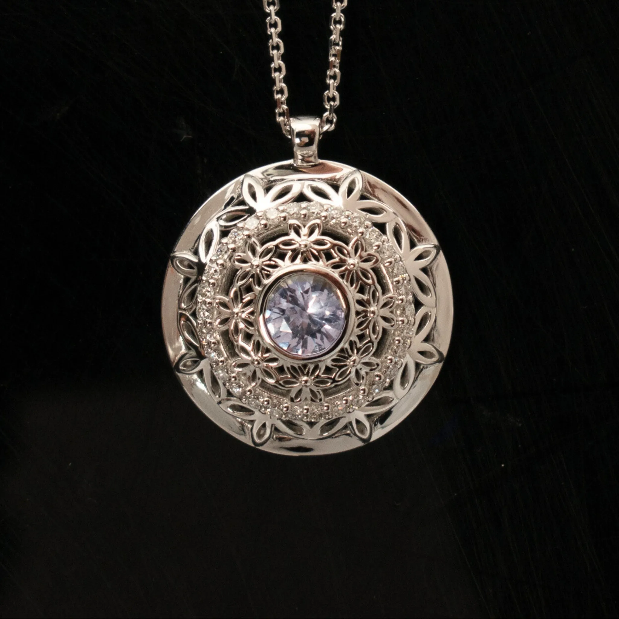 Floral Medallion with Diamonds & White Sapphire center