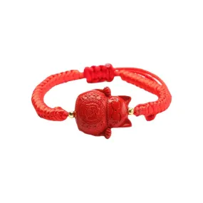 Fortune's Favor Cinnabar Red Sand Beckoning Cat Sterling Silver Bracelet