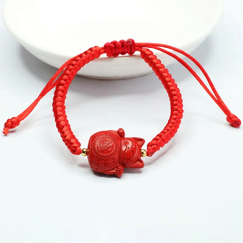 Fortune's Favor Cinnabar Red Sand Beckoning Cat Sterling Silver Bracelet
