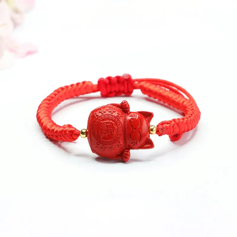 Fortune's Favor Cinnabar Red Sand Beckoning Cat Sterling Silver Bracelet