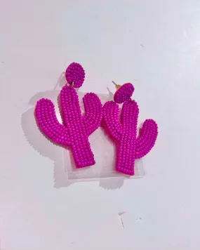 Fuschia Beaded Cactus Earrings