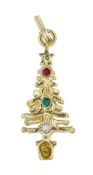 Gem Set Christmas Tree Charm in 14 Karat Gold - With Natural Ruby, Emerald, & White Sapphire Stones