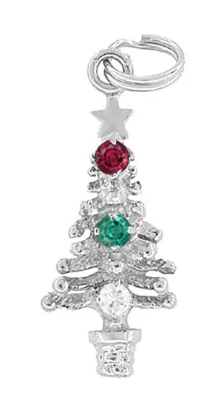 Gem Set Christmas Tree Charm in 14 Karat Gold - With Natural Ruby, Emerald, & White Sapphire Stones
