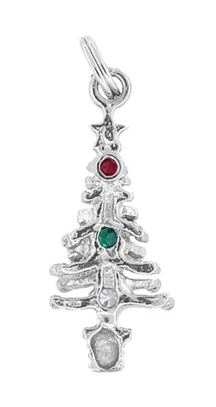 Gem Set Christmas Tree Charm in 14 Karat Gold - With Natural Ruby, Emerald, & White Sapphire Stones