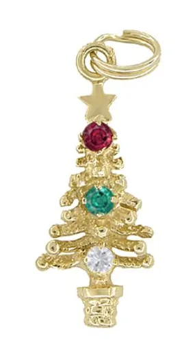 Gem Set Christmas Tree Charm in 14 Karat Gold - With Natural Ruby, Emerald, & White Sapphire Stones