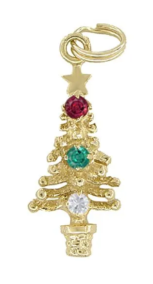 Gem Set Christmas Tree Charm in 14 Karat Gold - With Natural Ruby, Emerald, & White Sapphire Stones