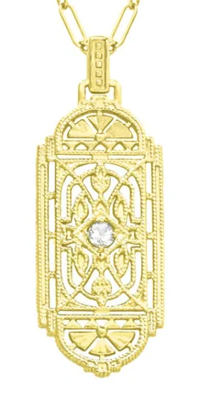 Geometric Art Deco Filigree White Sapphire Necklace Pendant in Yellow Gold Over Solid Sterling Silver