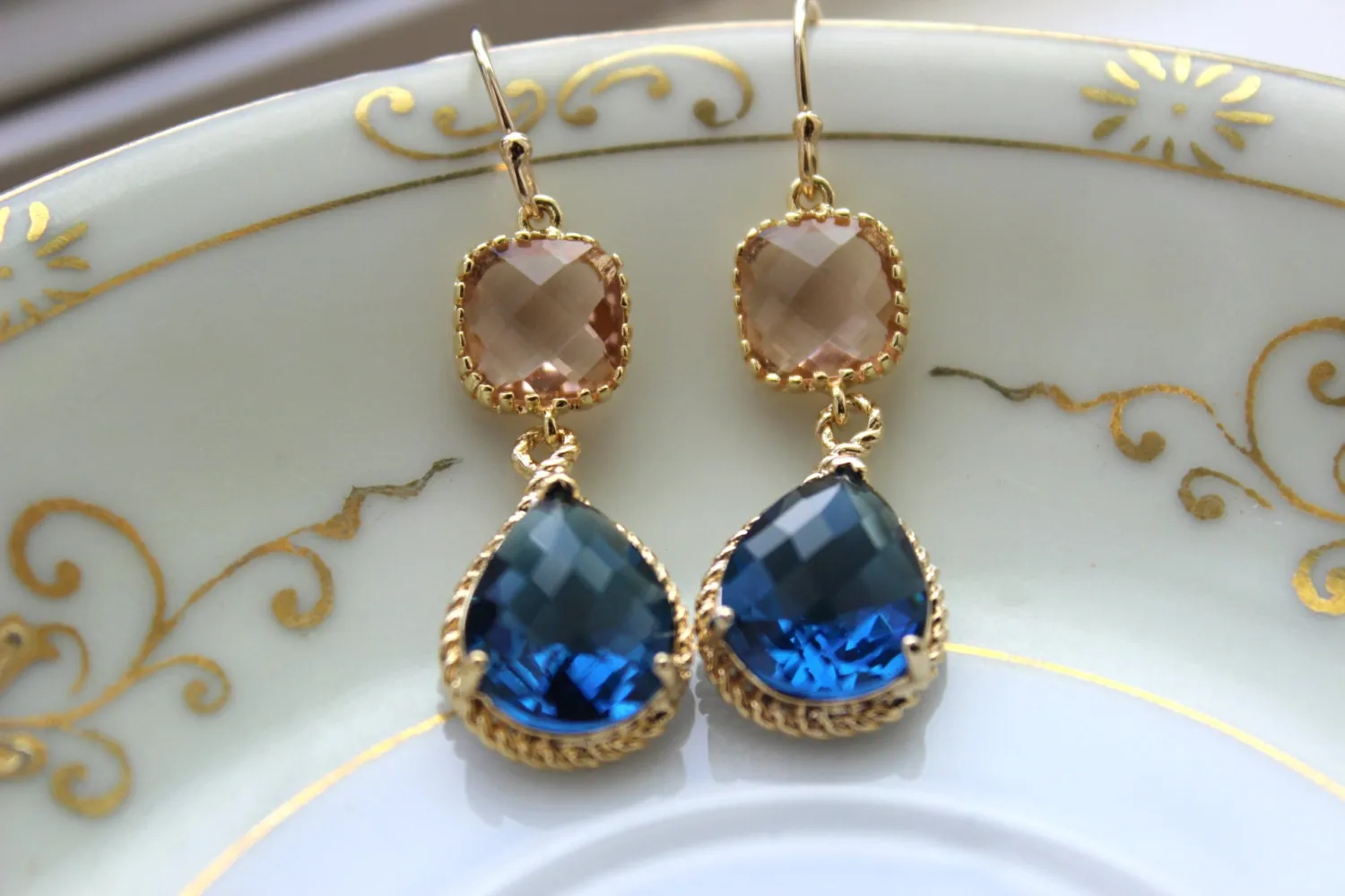 Gold Blush Jewelry Champagne Earrings Sapphire Earrings Navy Blue Earrings Peach Jewelry Bridesmaid Earrings Wedding Bridesmaid Jewelry